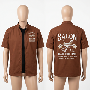 Chaqueta de Barbero para Hombre, 180 GSM, Polialgodón Premium, Color Marrón, Bolsillo Frontal en el Pecho, Panel Trasero con Logotipo Personalizado Bordado e Impreso - Product Image 6