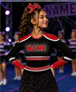 Ensemble d'uniformes de cheerleading personnalisés en strass respirants, bicolores noir et rouge, en spandex durable, tenue professionnelle pour équipe de compétition - Product Image 1