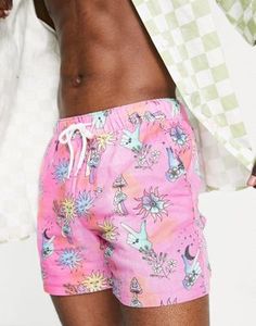 Pantalones cortos de hombre con estampado de dibujos animados rosas, con cordón, de secado rápido, informales, para nadar, de longitud corta, cintura media, tela de poliéster - Product Image 3