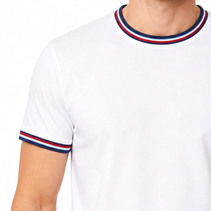 T-shirt homme col rond premium, blanc uni, bleu marine, rouge, triple rayures, col côtelé, manches courtes - Streetwear classique - Product Image 3