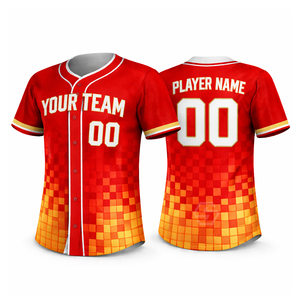 Camiseta de Béisbol Personalizada Unisex de Manga Corta con Botones al Frente, Estampado Sublimado con Patrón Geométrico en Morado, Rosa y Naranja, 100% Poliéster - Product Image 3