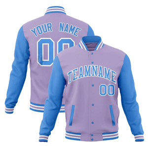 Blouson de baseball universitaire tendance pour homme, violet clair et bleu poudré, sportif, entièrement zippé, imperméable et coupe-vent - Product Image 1