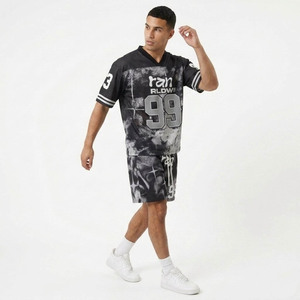 Ensemble de survêtement streetwear pour homme, noir et gris imprimé, col en V, manches courtes, respirant, short décontracté d'été avec cordon de serrage - Product Image 5