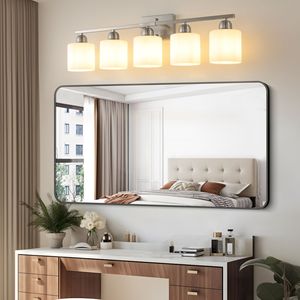 Modern 5-<b>Light</b> Bathroom Vanity <b>Light</b> Fixture Brushed Nickel with Milky White Frosted Glass Shade Wall <b>Sconces</b> - Product Image 2
