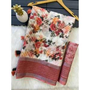 DISEÑADOR ALGODÓN DIGITAL IMPRESO FLORAL IMPRESO SECUENCIA TRABAJO SAREE CON BLUSA DESCOSADA MELOCOTÓN - Product Image 1