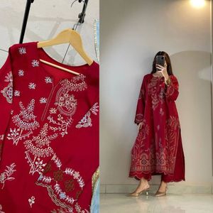 Robe Kurta Traditionnelle Indienne/Pakistanaise Rouge en Coton à Séchage Rapide, Manches Longues, Coupe Trapèze, pour Femme, Idéale pour Tenue Quotidienne, Fêtes, Mariages et Diwali - Product Image 4