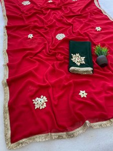 Sari Georgette brodé de fleurs Gota pour femmes, tenue de mariage traditionnelle indienne et pakistanaise, robe longue à séchage rapide - Product Image 3