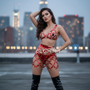 Ensemble 2 pièces sexy en PVC métallisé rouge : soutien-gorge cage et jupe-harnais ajourée avec anneaux en O - Product Image 3