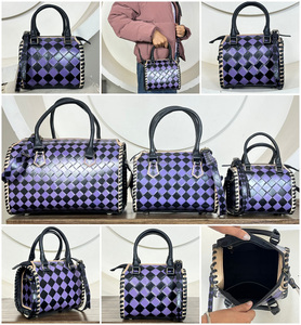2026 New Arrival Purple Black Checkered Hand <b>Tooled</b> <b>Leather</b> Small Speedy Travel Bag Trending Travel Crossbody Duffel For Unisex - Product Image 3