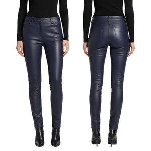 Pantalon en cuir de haute qualité pour femme, style urbain, hiver, toile, coupe-vent, respirant, écologique, élégant, coupe mi-skinny, effet vieilli - Product Image 3
