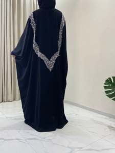 Abaya Negra de Poliéster con Cuello en V, Hecha a Mano con Cuentas, Manga Larga, Larga hasta el Suelo, Vestido Musulmán Modesto para Mujer, Transpirable, para Eid y Ramadán - Product Image 2