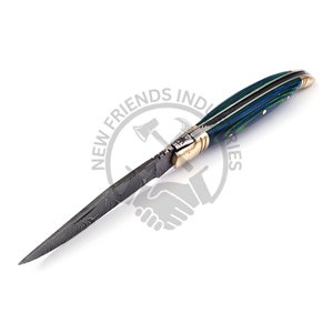 มีดพับเหล็กดามัสกัสแบรนด์ใหม่พร้อมปลอกหนัง มีดล่าสัตว์ มีดพกพา Laguiole พร้อมด้ามไม้สีเขียวอมฟ้าและเหล็กทองเหลือง - Product Image 5