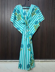 Caftán de Algodón con Estampado Floral para Mujer, Cuello en V, Manga Corta, Largo Completo, con Cordón Ajustable, Ropa de Dormir Informal de Verano - Product Image 3