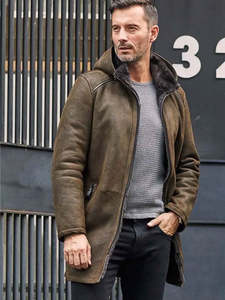 Veste en cuir suédé marron pour homme avec doublure en fausse fourrure, fermeture éclair à capuche, coupe longue décontractée, coupe-vent pour l'hiver - Product Image 2