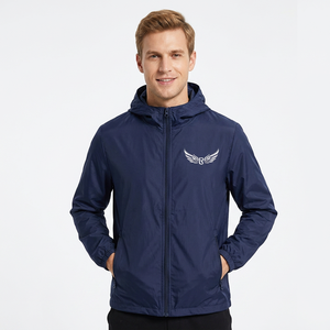 Men's Navy Blue Hooded Windproof <b>Jacket</b> With Embroidered Logo Zipper Front Spring Outerwear - Product Image 6
