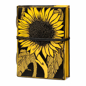 Diario de Cuero Amarillo Hecho a Mano de Alta Calidad Personalizable - Cuaderno con Grabado de Girasol, Cosido a Caballete, Borde Deshilachado, Sin Líneas, de Algodón - Product Image 1