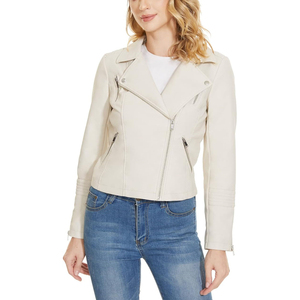 Veste de moto en cuir véritable crème pour femme, veste courte à fermeture éclair, col rabattu - Product Image 5