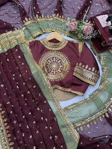 Sari de Diseño Bordado Color Granate para Mujer, Listo para Usar, para Fiestas, Bodas, Festividades, Tradicional, Étnico, Indio - Product Image 4