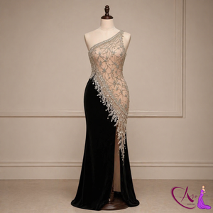 Robe de soirée sirène à une épaule |   Robe longue moulante de luxe brodée de perles avec fente haute, tenue de soirée élégante de créateur - Product Image 2