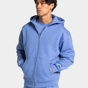 Sweat à capuche zippé bleu pour homme, coupe classique, en polaire tricotée, couleur unie, respirant, pour l'automne, nouveau design tendance - Product Image 1