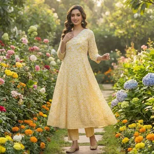 Ensemble Anarkali Kurta pour femmes, imprimé floral jaune, col en V, robe évasée, pantalon assorti, dupatta, tenue traditionnelle élégante décontractée ethnique - Product Image 4