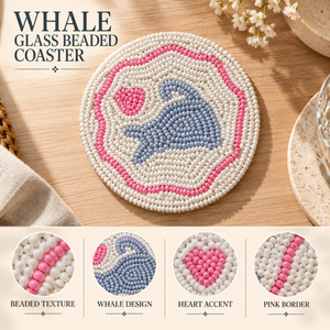 Premium <b>Glass</b> Beaded Whale <b>Coaster</b> for Dining Table | Decorative Round Drink Mat with Heart Motif for Kitchen Home Decor Accents - Product Image 5