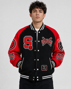 Custom Black Red Varsity Letterman <b>Jacket</b> Premium Wool <b>Baseball</b> <b>Bomber</b> <b>Jacket</b> with Embroidery Patches OEM/ODM Manufacturer - Product Image 1