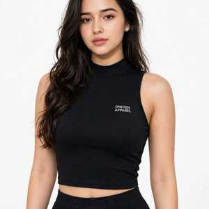 <b>Women's</b> <b>Black</b> Sleeveless Mock Neck <b>Tank</b> <b>Top</b> Short Crop Letter Print Casual Summer - Product Image 1
