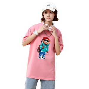 Women's <b>Pink</b> O-Neck Short Sleeve T-Shirt With <b>Bear</b> Character Print Loose Fit Casual Spring Summer 100% Cotton Jersey Top - Product Image 1