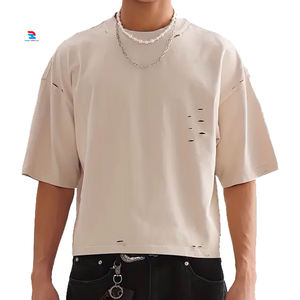 Camiseta de manga corta con cuello redondo beige oversize para hombre, estilo urbano, de punto jersey, lavada, transpirable y personalizable. - Product Image 1