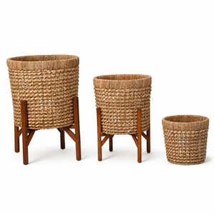 Pot de fleurs en jacinthe d'eau tressé à la main avec support en bois, style bohème, pour intérieur, vente en gros du Vietnam - Product Image 1