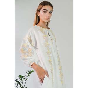 Vestido Largo Kurta Blanco Bordado para Mujer, Vestido Maxi Étnico de Algodón y Lino con Mangas Largas - Product Image 2