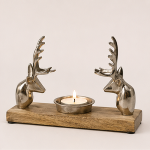 Handmade Silver Aluminum Reindeer Head Candle Holder With Solid Mango Wood Base Modern Rustic Tealight <b>Stand</b> For Christmas Table - Product Image 2