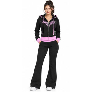 Survêtement pour femme noir et rose à capuche, fermeture éclair intégrale avec poches latérales, style décontracté imprimé - Product Image 2