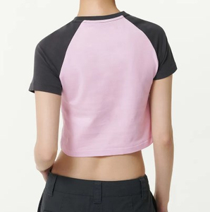 Camiseta Corta de Verano Estilo Retro Americano para Chicas, Camiseta con Cuello Redondo y Mangas Raglán en Contraste, Estampado de Logotipo en el Hombro, Ropa de Primavera y Verano - Product Image 3