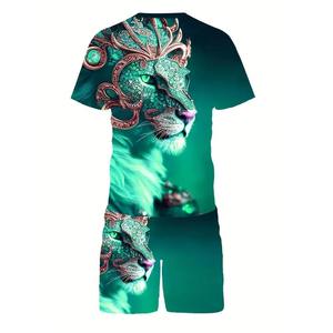 ชุดเสื้อยืดลายสิงโตและกางเกงขาสั้นสีเขียวสำหรับผู้ชาย สไตล์สตรีทแวร์ ชุดสองชิ้น ผ้าโพลีเอสเตอร์ ออกแบบเองได้ - Product Image 2