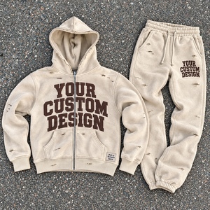 Ensemble de survêtement imprimé deux pièces personnalisé unisexe, haut à capuche zippé décontracté avec détails vieillis, pantalon de survêtement à chevilles élastiques, étiquette personnalisée - Product Image 1