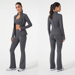 <b>Women</b> Yoga <b>Jacket</b> Full Length 3 Piece Set Flared Leg Legging Spandex Polyester Gym Fitness <b>Jacket</b> Racerback Bra Set Ladies - Product Image 1