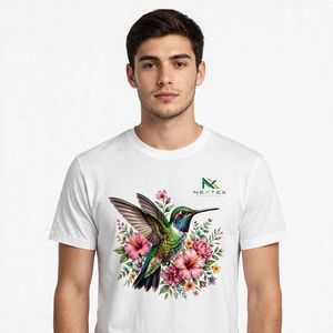 NEXTEX T-shirt unisexe à motif floral colibri, blanc, en jersey de coton doux, col rond, décontracté - Product Image 1