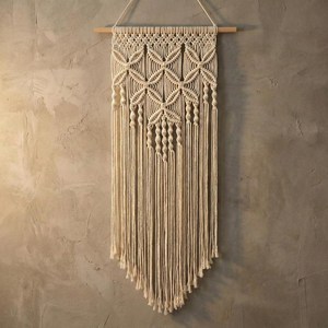 Décoration murale en macramé faite à la main, style bohème, coton, motif géométrique abstrait, forme rectangulaire - Product Image 3