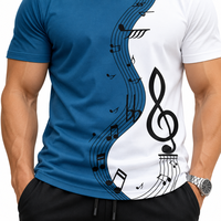 T-shirt personnalisé pour homme avec imprimé notes de musique, bleu et blanc, col rond, manches courtes, tee-shirt graphique, vente en gros, marque privée
