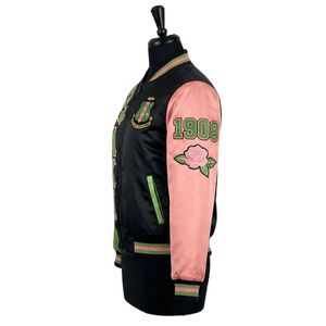 Chaqueta Bomber con Estampado de Hojas de Hiedra en Negro, Rosa y Verde para Mujer, Diseño Gráfico de Perlas 1908, Estilo Casual y Deportivo - Product Image 2