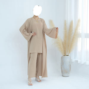 ชุดอาบายะห์แบบใหม่ขายส่ง ผ้าโพลีเอสเตอร์ยับย่น สไตล์ดูไบ ตุรกี สำหรับชาวมุสลิม ชุดสุภาพสตรี 3 ชิ้น ชุดเดรสอาบายะห์ - Product Image 2