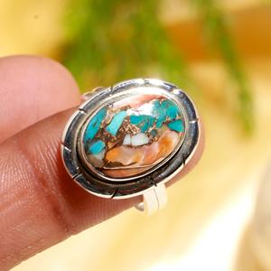 Elegant <b>925</b> Sterling <b>Silver</b> Fine Wedding Band <b>with</b> Natural Pink Spiny Oyster Copper Turquoise Filigree Oval Gemstone <b>Ring</b> - Product Image 1
