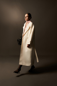 Manteau d'hiver pour femme - Double boutonnage, col en V à revers, taffetas de coton et de soie épais, manteau long blanc ivoire - Product Image 6