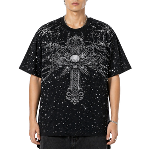 Magliette da <span class=keywords><strong>uomo</strong></span> all'ingrosso, T-shirt <span class=keywords><strong>gotica</strong></span> con croce e strass, oversize, 100% cotone, streetwear hip hop, vestibilità ampia, moda estiva. - Product Image 1