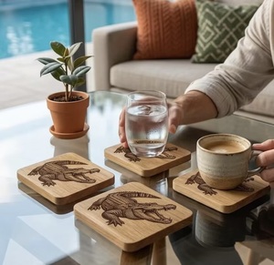 <b>Beads</b> Art Wooden Square <b>Coaster</b> Set Dinosaur Design Reusable Mats Natural Finish 10 mm Thickness Handmade Rustic 10 cm Diameter - Product Image 3