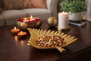 Decorative Metal Leaf Platter for Home Decor Coffee <b>Table</b> Dining <b>Table</b> Centerpiece Antique Gold Finish Jewelry <b>Tray</b> Key Holder - Product Image 4