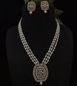 Pretty Premium Quality Real <b>Pearls</b> <b>Set</b> With CZ Stones Look Necklace With Earrings <b>Set</b> for Women And Girls Collection For Wedding - Product Image 1