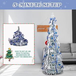 7 FT Pre-Lit Artificial Pop up Christmas <b>Tree</b> 200 Warm <b>Lights</b> Snow Flocked Blue Silver Ornaments for Home Office for Holidays! - Product Image 2